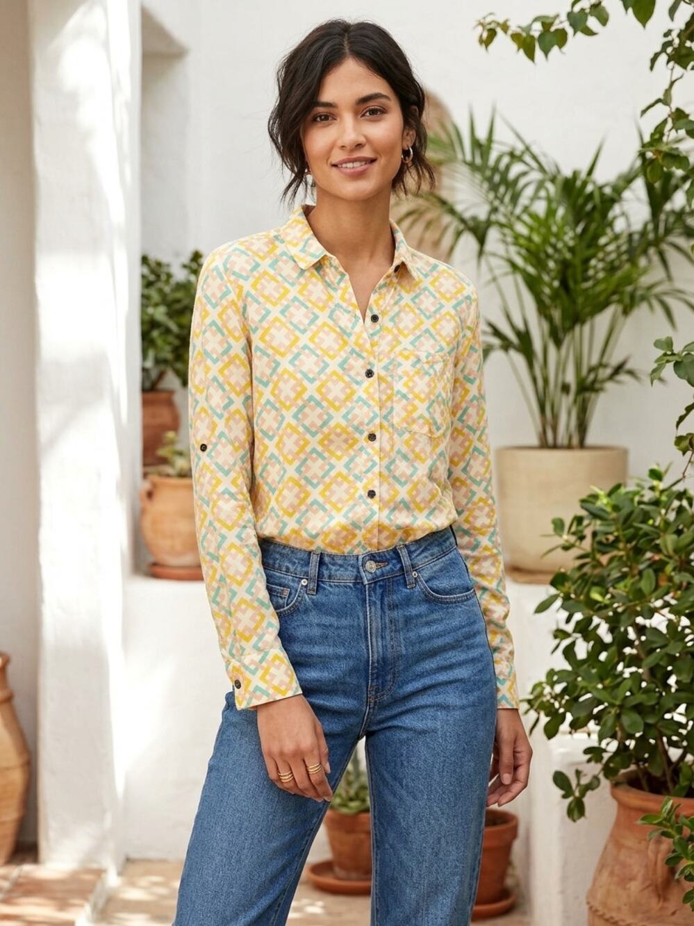 JACHS Girlfriend Geometric Lattice Print Top Yellow Turquoise Pink M F0061